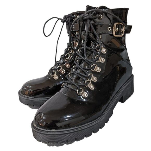 Adika Women's Black Patent Lace up Ankle Boots Side Zip & Ankle Strap Size 8 - Picture 1 of 8